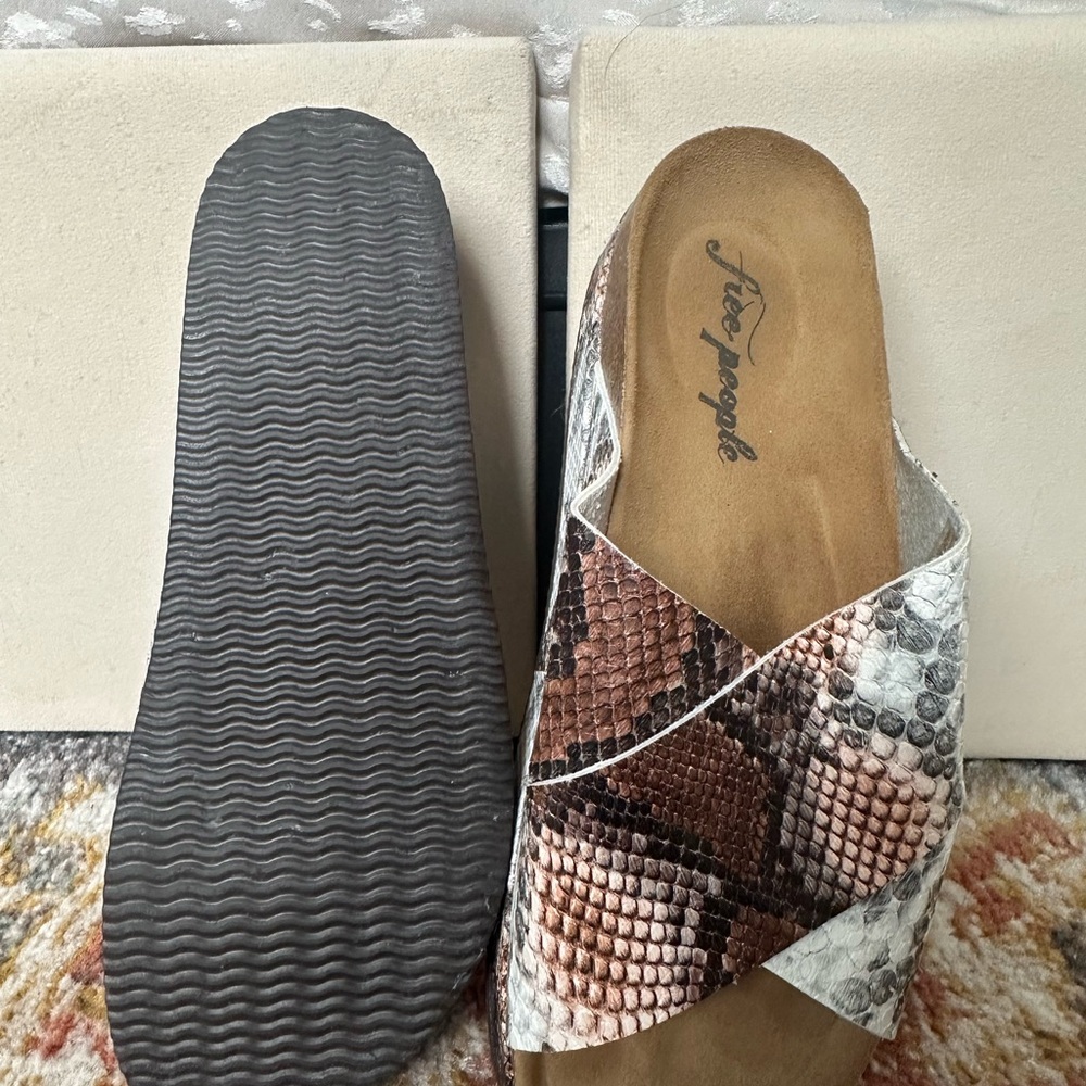 Free People Snakeskin Slide Sandals - Brown and Cream